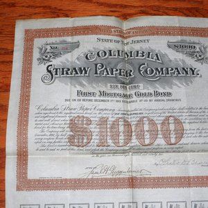 Columbia Straw Paper Company MORTGAGE GOLD BOND $1000 _ 1901 ANTIQUE